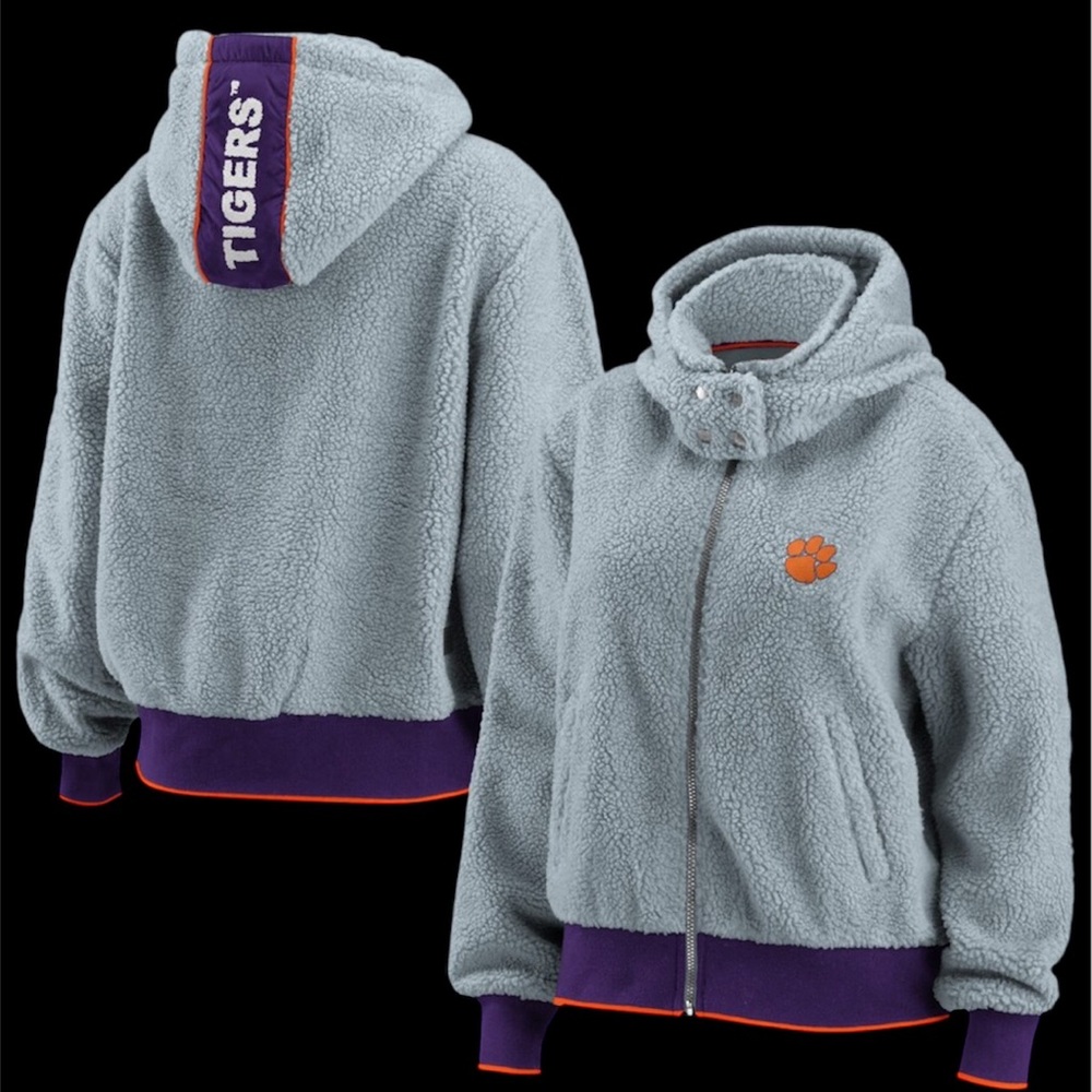 Gray Sherpa Women's Zip Jacket with Purple Trim